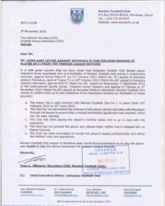 A letter addressed to FKF about Valentine Amos Asembeka 
